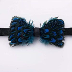 Mens Natural Feather Pre Tied Bowtie Blue
